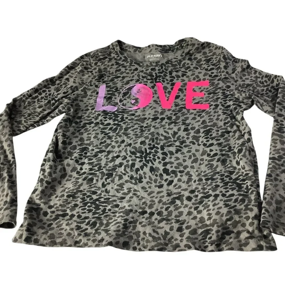 Old Navy‎ Girls Leopard Print Love Graphic Shirt Long Sleeve Size M (8) Gray